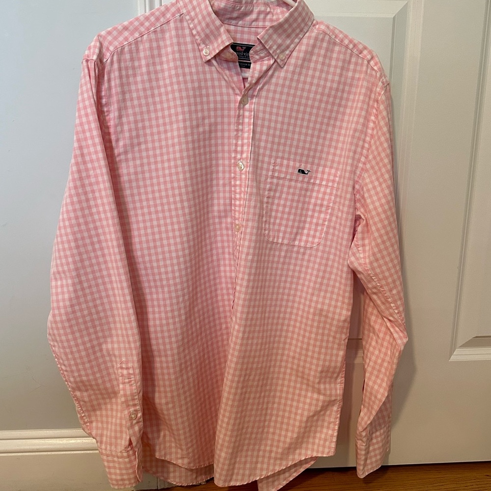 Vineyard Vines Medium Pink and White Check Classic Fit Tucker Shirt 100% Cotton